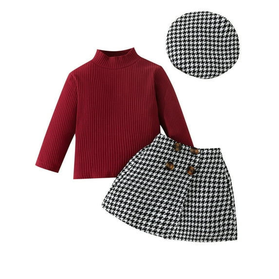 AJIWYH Toddler Baby Girl Outfits Fall Winter Clothes Ribbed Long Sleeve Tops Houndstooth Print Skirts Beret Set(Red,18-24 Months)