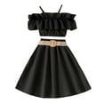 thumbnail image 1 of AJIWYH Toddler Girl Dress Sleeveless Solid Color Ruffles Tops Skirt with Belt 3PCS Outfits Clothes Set Black for 8-9 Years, 1 of 5