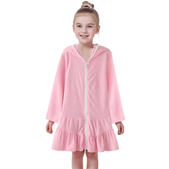 AJIWYH Toddler Girl Swim Zip-Up Beach Quick Dry Ruffle Hem Bathrobe with Hood (Pink,3-4 Years)