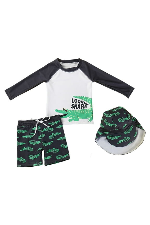 Toddlers and Baby Boys' 3-Piece Swimsuit Trunk Rashguard Set and Sun Hat Swimwear Bathing Suit Sunsuit Swim Shirt UPF 50+ Black for 4-5 Years