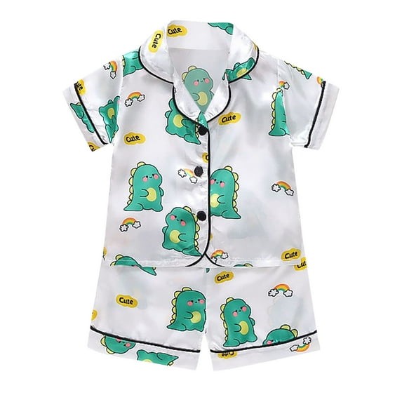 AJIWYH Valentines Pajamas Kids: Boys Girls Satin Button Down Short Sleeve Animals Shirt Tops + Shorts Pants Silk Pajamas Sleepwear Outfits Loungewear Set White for 6-12 Months