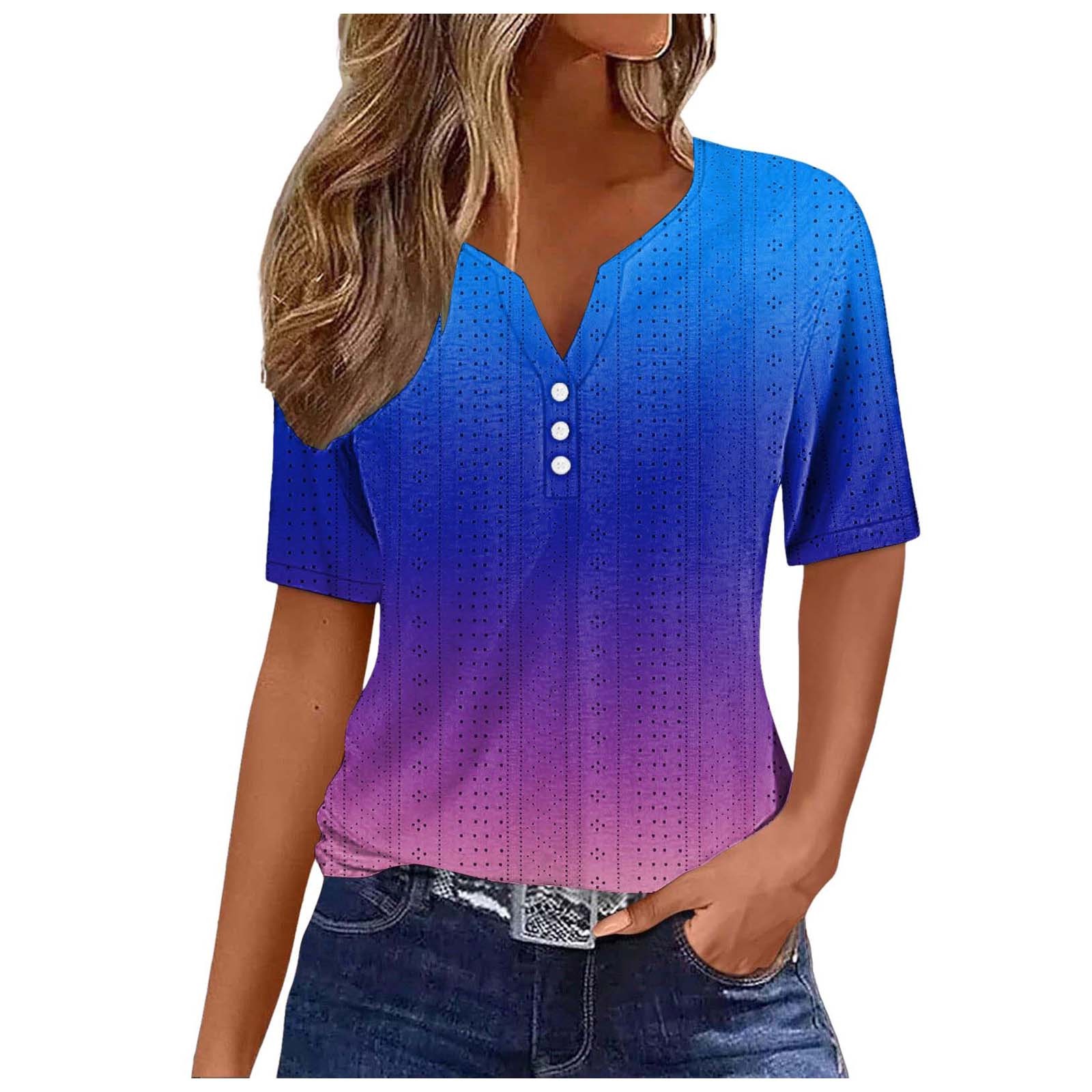 AJIWYH Womens Short Sleeve T Shirt Casual Gradient Button T Shirt Loose ...