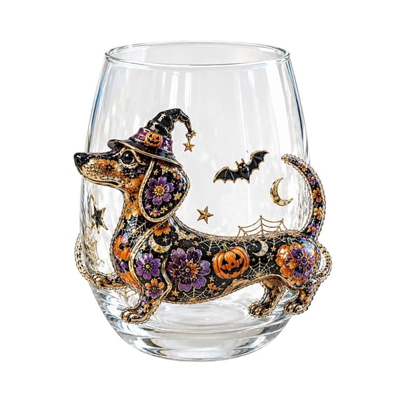 AJKHSAHDFJ 3D Dachshund-Patterned Glass Cup Halloween Stemless Glasses Drinking Glasses 15oz Pattern Tumbler Cups Pumpkin Printed Flat Glass Halloween Drinkware For Party Fall,White,3.94,C