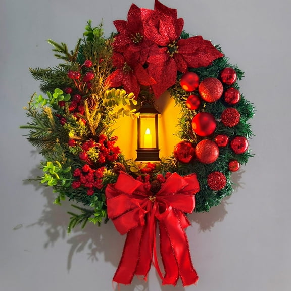 AJKSFHIU 2024 Large Christmas Oil Lights Wreaths for Front Door,Artificial Lighted Christmas Wreath with Bow,Ribbon Red Christmas Front Door Wreath with Christmas Ball,Christmas Garland Home Decor