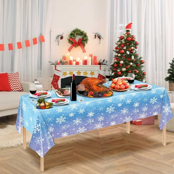 AJKSFHIU Christmas Snowflake Plastic Party Tablecloth Decorations,Christmas Plastic Tablecloth with Blue Base White Snowflakes,Disposable Holiday Winter Rectangle Table Cloth for Dining Room