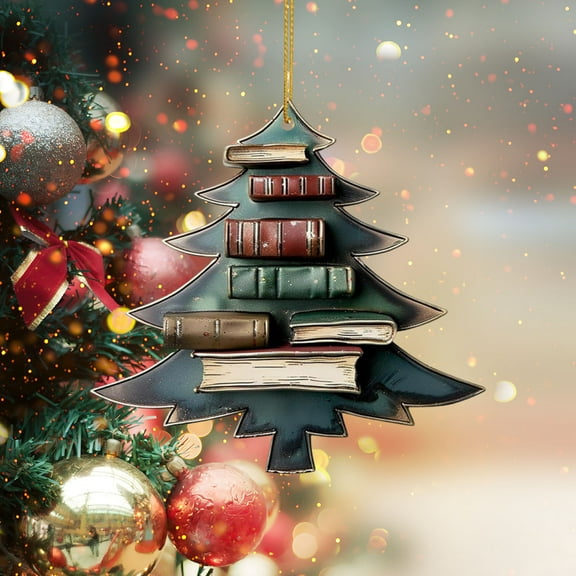 Chamoist Christmas Tree Book Ornament ,Christmas Tree Shape Bookshelf Pendant, Hanging Sleigh Pendants, Personalized Stack of Book Tree and Sled Ornament,Book Lovers Gifts