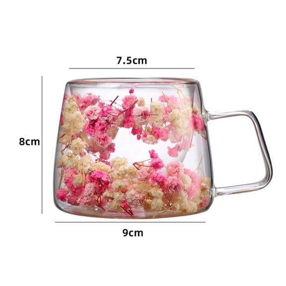 AJKSFHIU Double Walled Glass Coffee Mug with Handle,Insulated Layer Flowers Coffee Cup,Clear Cups with Purple Sea Lavender Flower,Perfect for Coffee Tea Latte Juice,Flower Double Wall Glass Cup