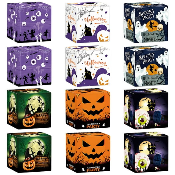 Chamoist Halloween Treat Boxes,Halloween Cardboard Boxes,Funny Party Favors Boxes for Halloween,Treat Boxes in Halloween Features for Candy Snacks Cookie Small Gifts Decorating Holiday Scenes 12PC