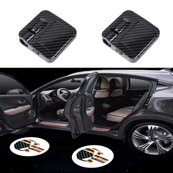 AJLOTMO Car Door Lights Logo Projector 2PCS Car Wireless Door Welcome Light,Car Door Logo Lights Step Lights Shadow Lights Compatible with All Car Models (American flag skull)