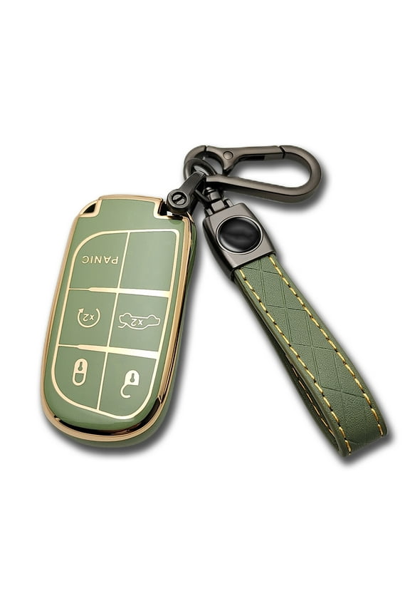for Jeep Key Fob Cover with Leather Keychain Soft TPU Protection Key Case Compatible with Grand Cherokee Renegade Smart Key(Green)