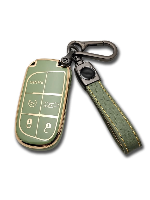 for Jeep Key Fob Cover with Leather Keychain Soft TPU Protection Key Case Compatible with Grand Cherokee Renegade Smart Key(Green)