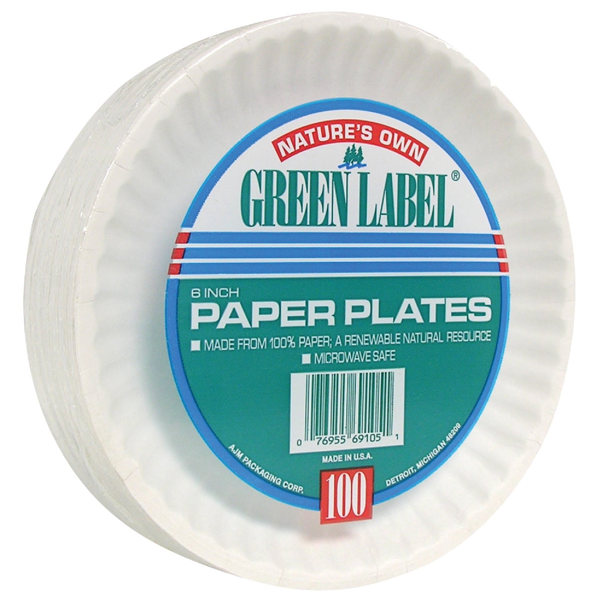 10-pack AJM Green Label Paper Plates Microwave Safe - 10 Pack, 6" Diameter, Green — Residential Use, Standard Application