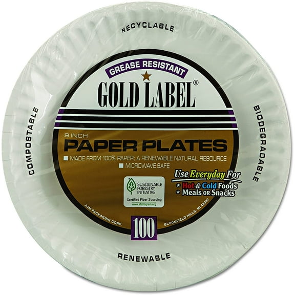 AJM Packaging CP9GOEWH Gold Label Coated Paper Plates, 9-Inch dia, White, 100/Pack, 10 Packs/Carton