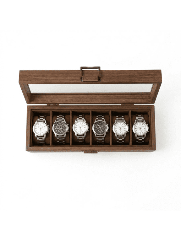 Walnut Wood Watch Box for Men, 6-Slot Display Case with Vintage Brass Lock & Premium Velvet Interior, Dark Walnut