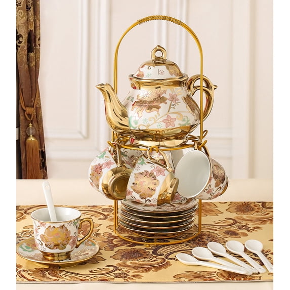 AJONALAA 20 Pcs Tea Set,Ceramics Tea Cup Set for Adult,Coffee Cups with Metal Holder,Golden Flower