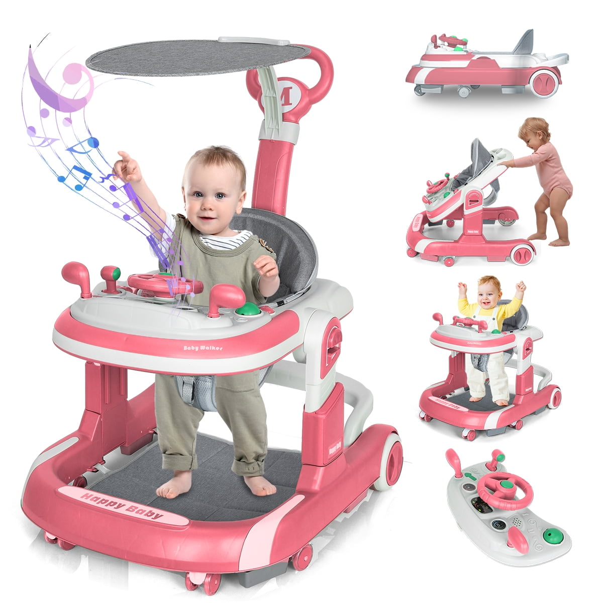 AJONALAA 4-in-1 Musical Infant Baby Walker with Wheels, Push Walker for Girls Boys, Red