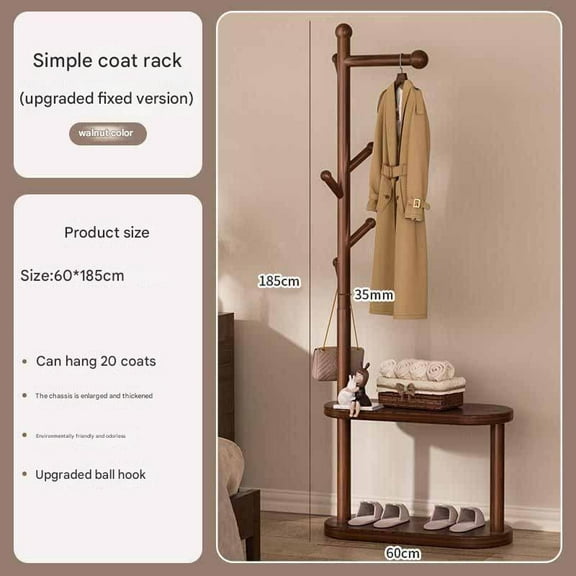 AJONALAA Coat Rack with 2-Tier Shoes Storage, Hall Tree with 6 Hooks,for Entryway,Bedroom(Walnut)