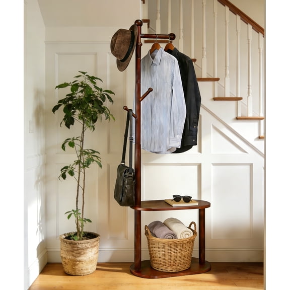 AJONALAA Wood Coat Rack with 2-Tier Shoe Storage Bench & 8 Hooks,Hall Tree for Entryway,Bedroom(Walnut)