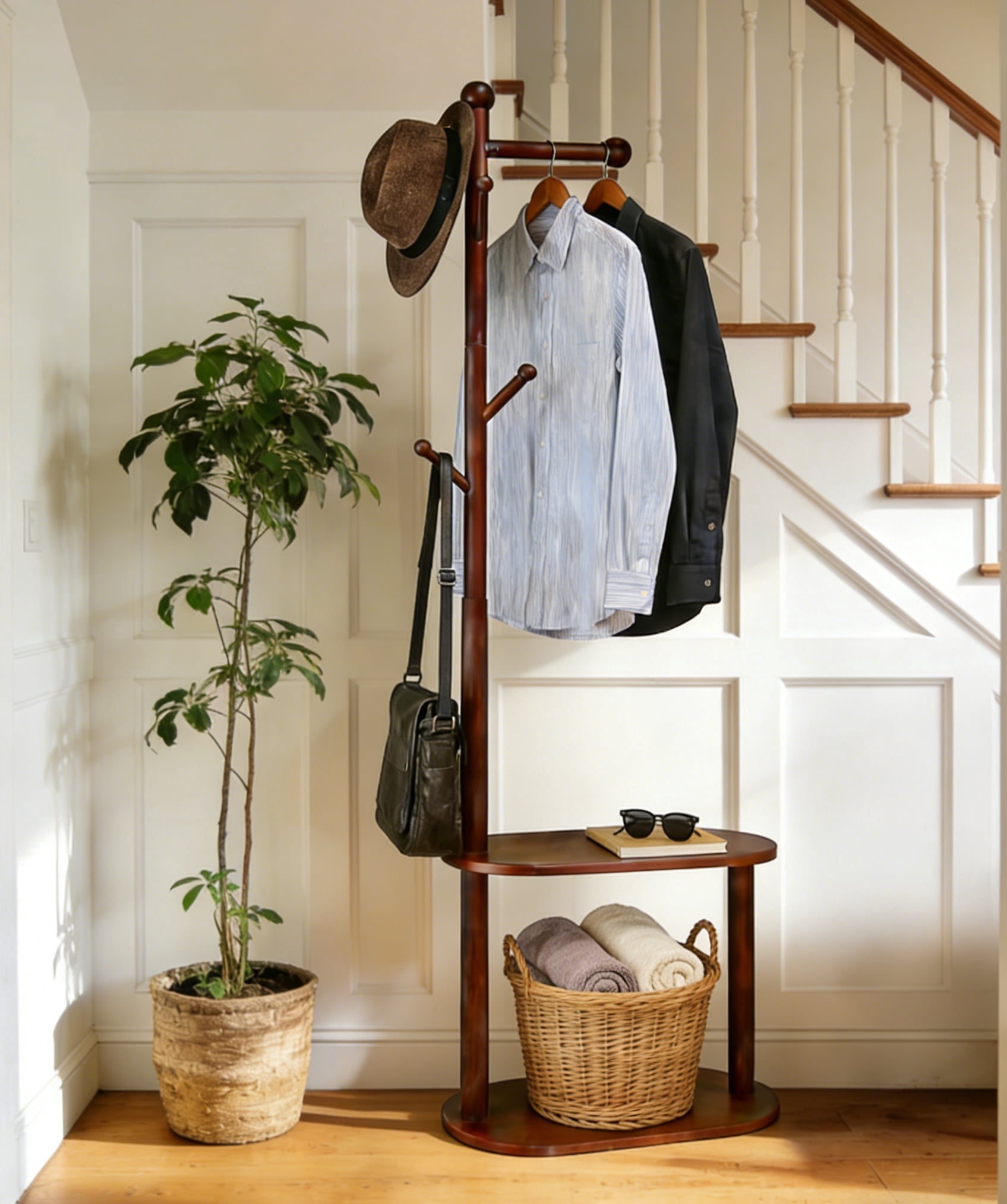 Tree Shoe Rack AJONALAA Wood Coat Rack with 2-Tier Shoe Storage Bench & 8 Hooks,Hall ...