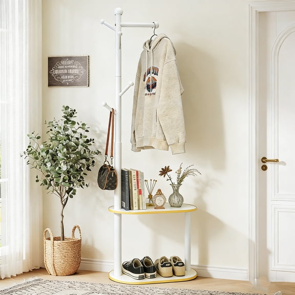 AJONALAA Wood Coat Rack with 2-Tier Shoe Storage Bench & 8 Hooks,Hall Tree for Entryway(White,Golden Edge)