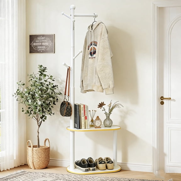 AJONALAA Wood Coat Rack with 2-Tier Shoe Storage Bench & 8 Hooks,Hall Tree for Entryway(White,Golden Edge)