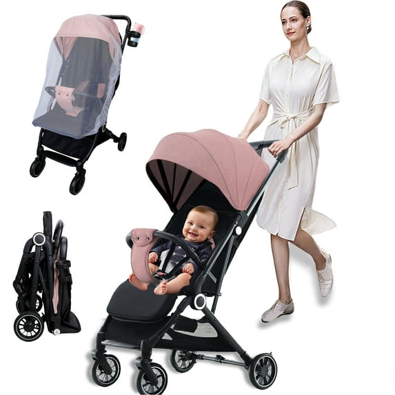 AJONALAA Foldable Baby Stroller with Wheels,Mosquito Net,Storage Basket,Adjustable Backrest/Canopy,Cup Holder(Pink)