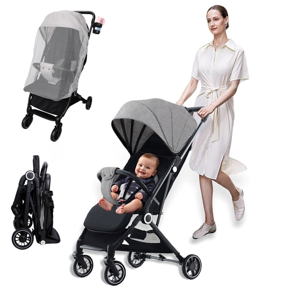 AJONALAA Folding Baby Stroller with Mosquito Net,Storage Basket,Adjustable Backrest/Canopy,Cup Holder(Gray)