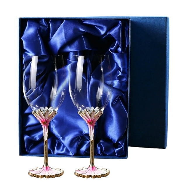 AJONALAA Handmade Painted Enamel Flower Glass Wine Glasses, Transparent Drinking Glasses Set of 2,Gift Box(Pink)