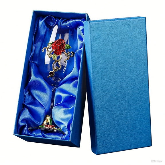 AJONALAA Handmade Painted Enamel Flower Glass Wine Glasses, Transparent Luxury Drinking Glasses,Gift Box(Red Rose)