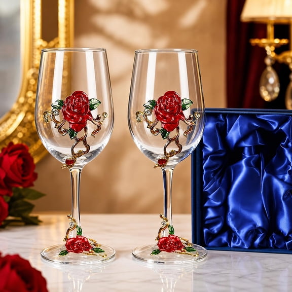 AJONALAA Handmade Painted Enamel Flower Glass Wine Glasses,Transparent Drinking Glasses Set of 2,Gift Box(Red Rose)