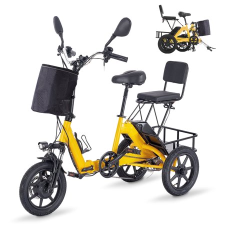 AJOOSOS Foldable Electric Tricycle for Adults with 2 Seats, 48V 350W, 12.5 MPH & 35 Miles Long Range, 14.5" Wheel Size, 300 Lbs Max Load, Large Basket, Yellow