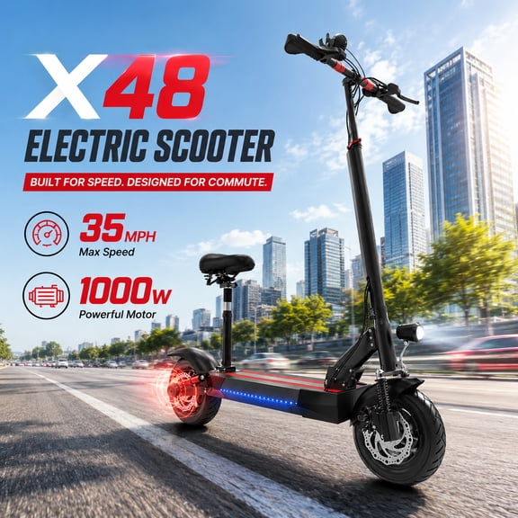 AJOOSOS X48 Electric Scooter with Seat for Commuting, 48V 1000W Motor Power, 35 mph Max Speed, Foldable E Scooter Adults, UL2272 Certified