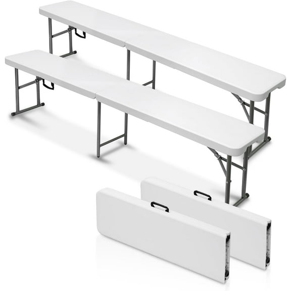 AJP Distributors 2 Pack 6 Foot Portable Plastic Folding Bench 6FT 72" Half Foldable Heavy Duty Seat w/Carry Handle - Indoor Outdoor Backyard Camping Picnic BBQ Party Wedding Dining White
