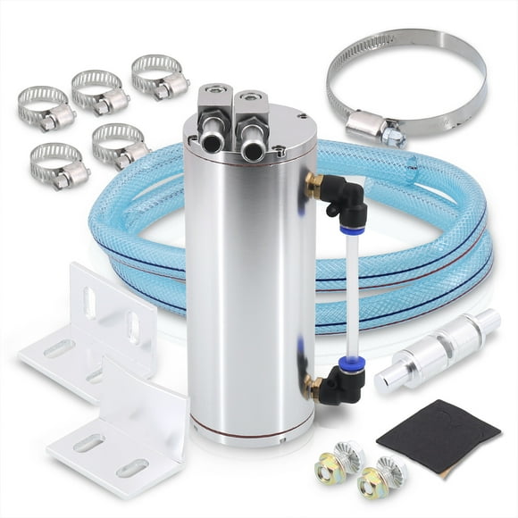 AJP Distributors 350ML Billet Aluminum Round Cylinder Engine Motor Oil Catch Can Reservoir Drain Plug Tank + Indicator Hose Tube + Fittings Hardware Kit Chrome Compatible/Replacement For Universal Car