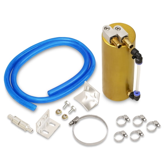 AJP Distributors 350ML Billet Aluminum Round Cylinder Engine Motor Oil Catch Can Reservoir Drain Plug Tank + Indicator Hose Tube + Fittings Hardware Kit Gold Compatible/Replacement For Universal Car