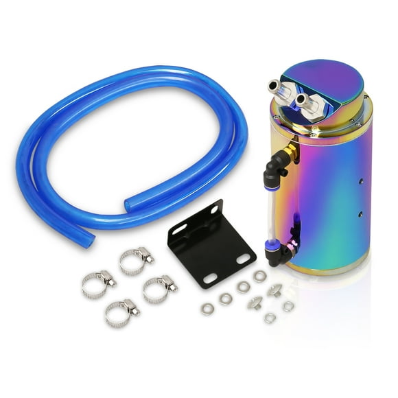 AJP Distributors 350ML Billet Aluminum Round Cylinder Engine Motor Oil Catch Can Reservoir Drain Plug Tank + Indicator Hose Tube + Fittings Hardware Neochrome Compatible/Replacement For Universal Car