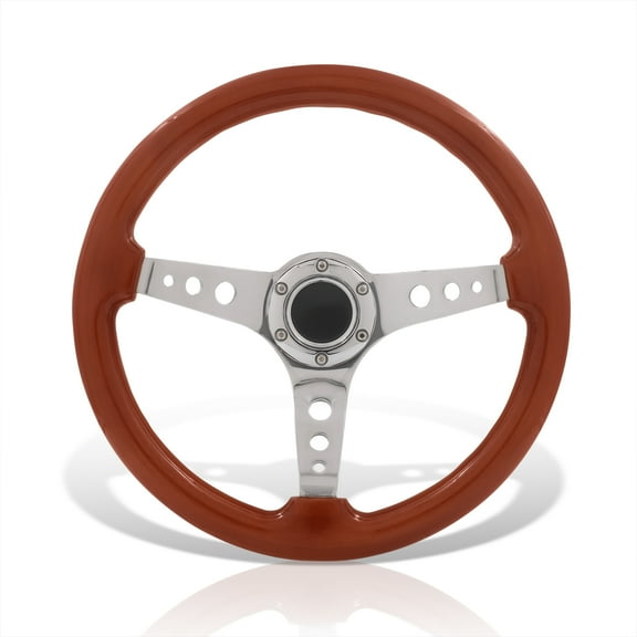 AJP Distributors 350mm 14" 6 Bolts Holes Heavy Duty Steel Steering Wheel Dark Brown Wood Grain Chrome Deep Dish 3 Spokes Light Weight + Horn Button JDM Sport Compatible/Replacement For Universal Car