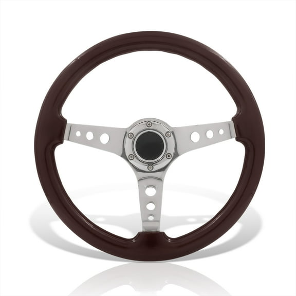 AJP Distributors 350mm 14" 6 Bolts Holes Heavy Duty Steel Steering Wheel Dark Brown Wood Grain Chrome Deep Dish 3 Spokes Light Weight + Horn Button JDM Sport Compatible/Replacement For Universal Car