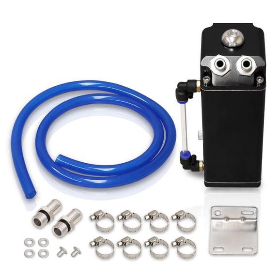 AJP Distributors 600ML Billet Aluminum Round Cylinder Engine Motor Oil Catch Can Reservoir Drain Plug Tank + Indicator Hose Tube + Hardware Kit Black Upgrade Compatible/Replacement For Universal Car