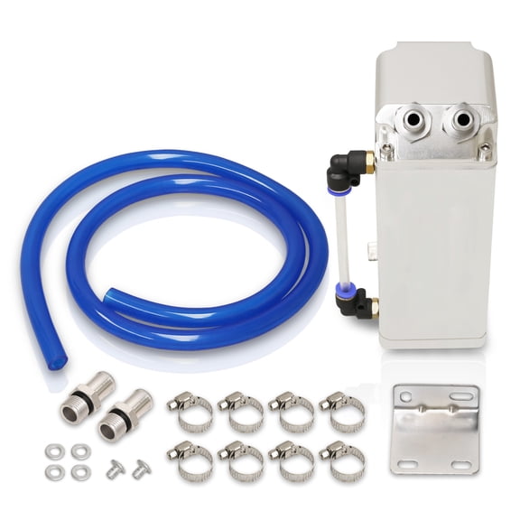 AJP Distributors 600ML Billet Aluminum Round Cylinder Engine Motor Oil Catch Can Reservoir Drain Plug Tank + Indicator Hose Tube + Hardware Kit Silver Upgrade Compatible/Replacement For Universal Car