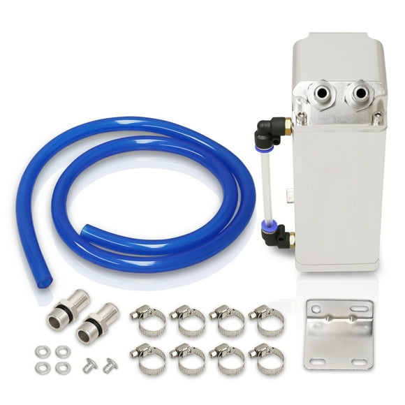 AJP Distributors 600ML Billet Aluminum Round Cylinder Engine Motor Oil Catch Can Reservoir Drain Plug Tank + Indicator Hose Tube + Hardware Kit Silver Upgrade Compatible/Replacement For Universal Car