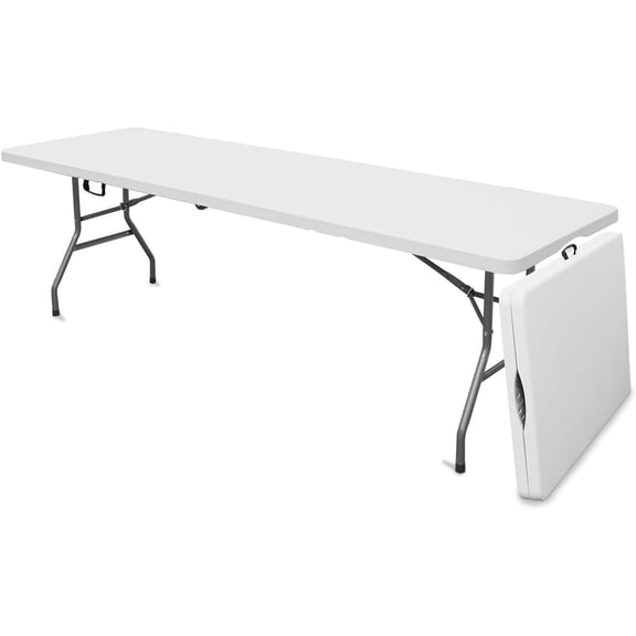 AJP Distributors 8 Foot Portable Plastic Folding Table 8FT 96" Half Foldable Heavy Duty Top w/Carry Handle - Indoor Outdoor Backyard Camping Picnic BBQ Party Wedding Dining Office Event Meeting White