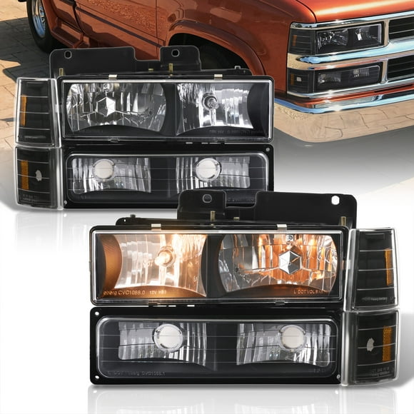 AJP Distributors Black Headlights + Amber Corner Bumper Signal Lamps Compatible/Replacement For Chevy C10 C/K C1500 C2500 C3500 K1500 K2500 K3500 Silverado Suburban Tahoe 1994 1995 1996 1997 1998 1999