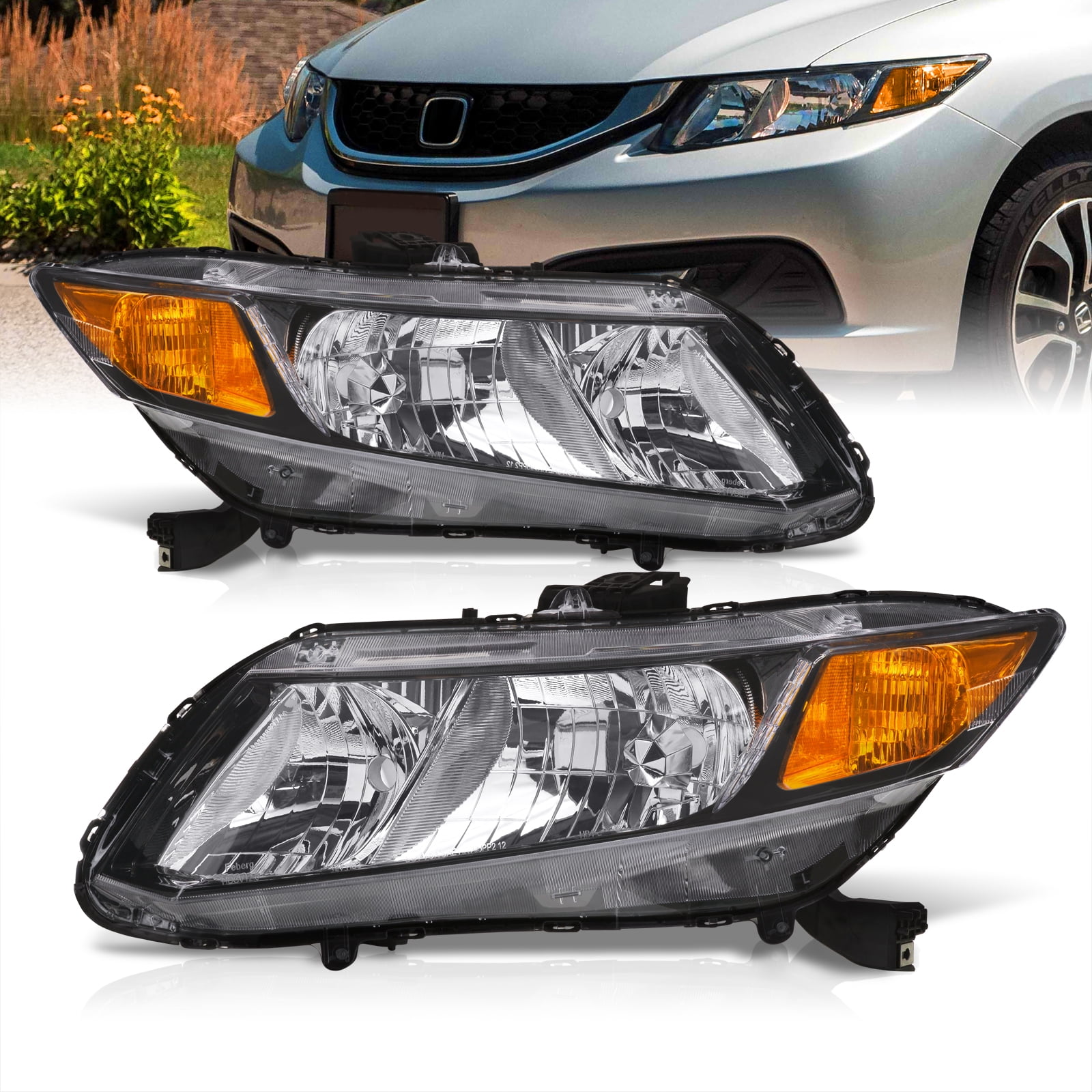 AJP Distributors Black Housing Amber Reflector Headlights Driving Lights Bumper Signal Corner Lamps Assembly Pair Compatible/Replacement For Honda Civic Sedan Coupe JDM 2012 2013 2014 2015 12 13 14 15