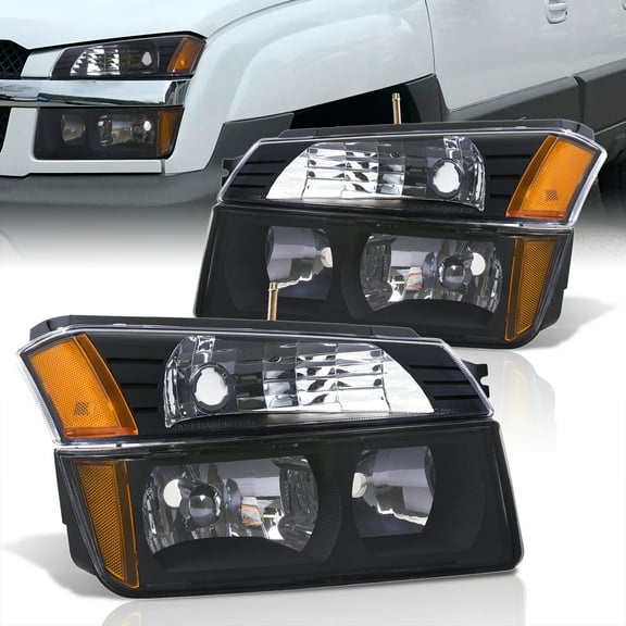 AJP Distributors Black Housing Clear Lens Amber Reflector Headlights + Bumper Lamps Assembly Pair Compatible/Replacement For Chevy Avalanche Body Cladding Only 2002 2003 2004 2005 2006 02 03 04 05 06