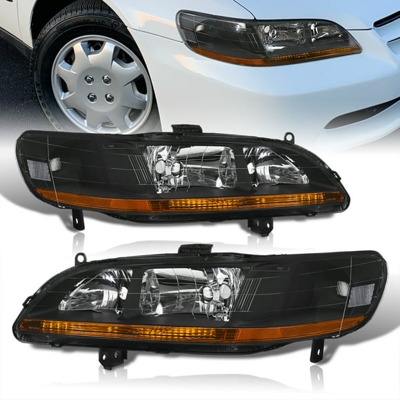 AJP Distributors Black Housing Clear Lens Amber Reflector Signal Headlights Driving Lights Lamps Assembly Set Left Right Compatible/Replacement For Honda Accord 1998 1999 2000 2001 2002 98 99 00 01 02