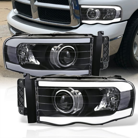 AJP Distributors Black Housing LED DRL Tube Bar Driving Projector Head Lights Signal Lamps Assembly Bumper Pair Set Compatible/Replacement For Dodge Ram 1500 2500 3500 2002 2003 2004 2005 02 03 04 05