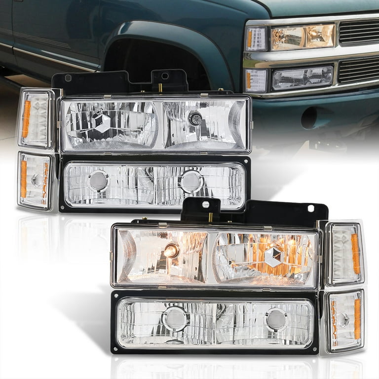 AJP Distributors Chrome Headlights Amber Corner Bumper Signal Lamps  Compatible/Replacement For Chevy C10 C/K C1500 C2500 C3500 K1500 K2500  K3500