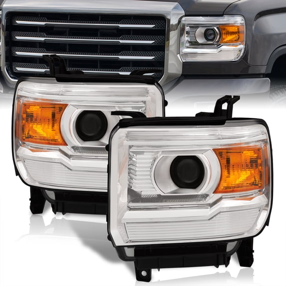 AJP Distributors Chrome Housing Amber Signal Driving Projector Headlights Lamps Assembly LH+RH Compatible/Replacement For GMC Sierra 1500 2500HD 3500HD 2014 2015 2016 2017 2018 2019 14 15 16 17 18 19