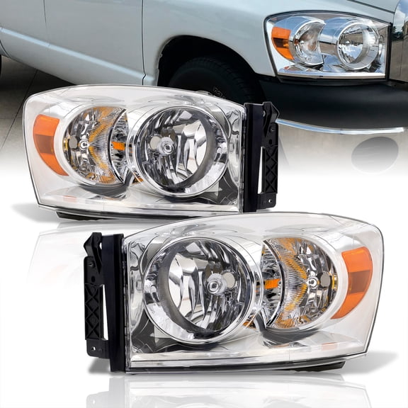 AJP Distributors Chrome Housing Clear Lens Amber Reflector Driving Headlight Headlamps Bumper Head Lights Lamps Pair Compatible/Replacement For Dodge Ram 1500 2500 3500 2006 2007 2008 2009 06 07 08 09